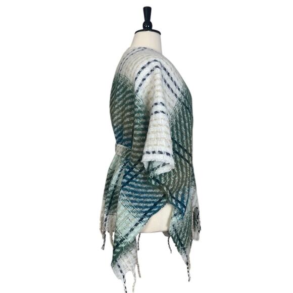 Lauren Conrad Sweater Belted Wrap Shawl Cream Blue Green Plaid Women’s Size OS - Picture 5 of 12